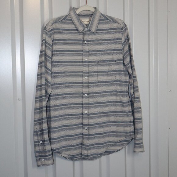 Simon Miller Mens Button Down Striped Cotton Twill Shirt Blue White Size XL - Picture 1 of 10